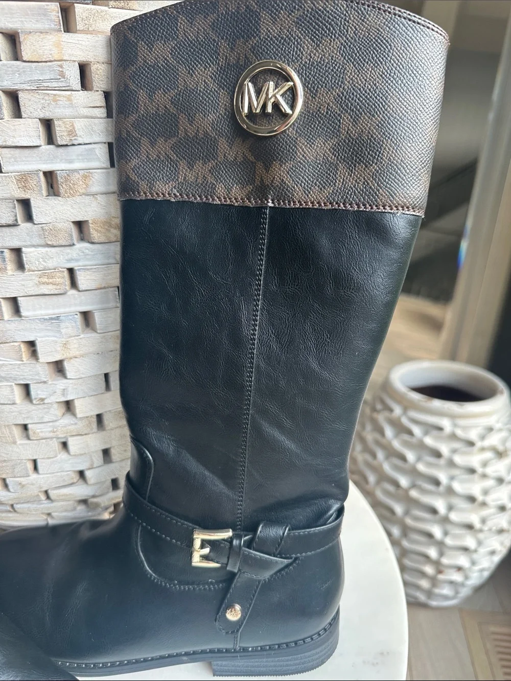 Michael Kors Black Leather Boots with Brown MK Logo Cuff